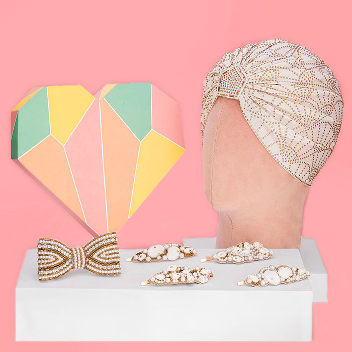 Bling Gift Box with 1 Crystal Turban, 1 Embellished Hair Bow and 4 Embroidered Hair Pins  - Gold