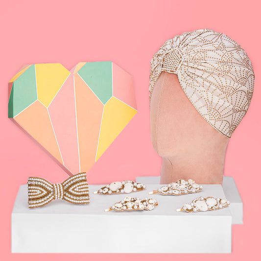 Bling Gift Box with 1 Crystal Turban, 1 Embellished Hair Bow and 4 Embroidered Hair Pins  - Gold