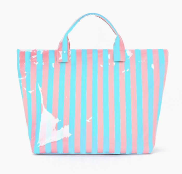 Blue & Pink Striped Vinyl Tote Bag