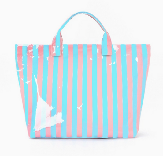 Blue & Pink Striped Vinyl Tote Bag
