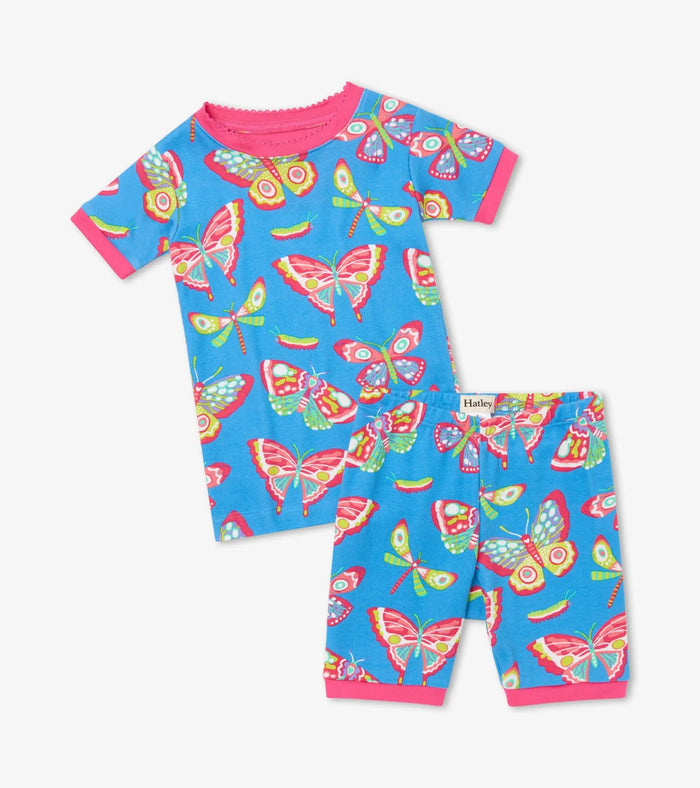 Hatley girls Botanical Butterflies organic cotton short pajama set in Teal/Pink with matching shorts.