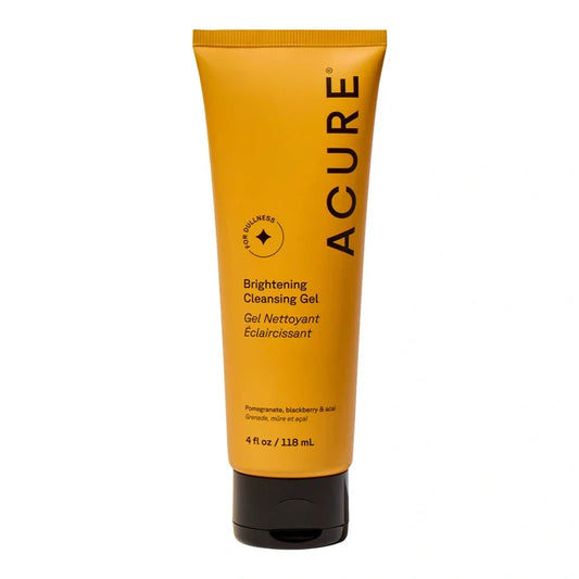 Acure brightening cleansing gel tube on a white background