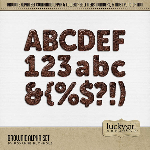 Showcase your favorite desserts, restaurants, recipes, and cookbook favorites with these fun digital scrapbooking alphabet letters, numbers, and punctuation by Lucky Girl Creative digital art great for creating one-of-a-kind digital scrapbooking page titles. Great for sweet treats and baking! This alpha set consists of a full set of digital art uppercase letters A-Z, lowercase letters a-z, numbers 0-9, and most punctuation. This alpha set is available as individual embellishments only.