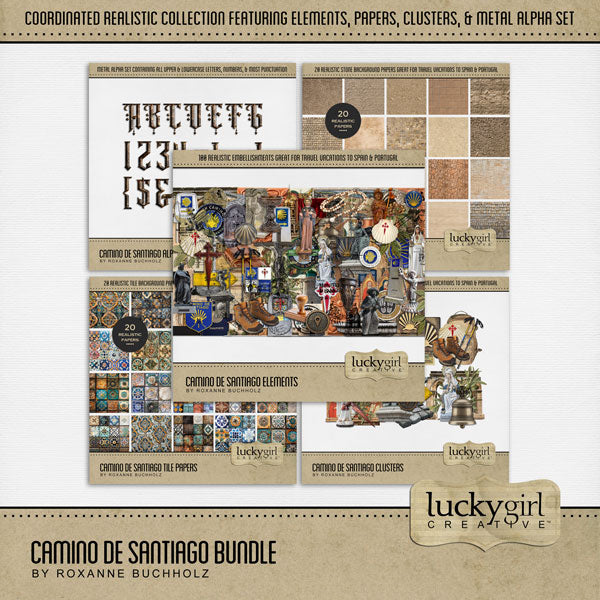 Adventure and explore the Camino de Santiago or the Way of St. James in Spain, Portugal, and France with these beautiful realistic embellishments, papers, clusters, and alpha set by Lucky Girl Creative digital art for digital scrapbooking. Whether you have taken a holiday to Spain, Portugal, or walked the Camino de Santiago trail, this vintage collection will authentically accent your photos of Western Europe. Great for historic and religious pages, too! Explore The Camino Frances, Saint-Jean-Pied-de-Port,
