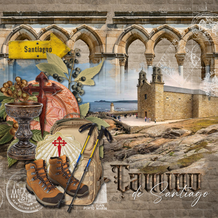 Adventure and explore the Camino de Santiago or the Way of St. James in Spain, Portugal, and France with these beautiful realistic embellishments, papers, clusters, and alpha set by Lucky Girl Creative digital art for digital scrapbooking. Whether you have taken a holiday to Spain, Portugal, or walked the Camino de Santiago trail, this vintage collection will authentically accent your photos of Western Europe. Great for historic and religious pages, too! Explore The Camino Frances, Saint-Jean-Pied-de-Port,