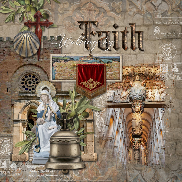 Adventure and explore the Camino de Santiago or the Way of St. James in Spain, Portugal, and France with these beautiful realistic embellishments, papers, clusters, and alpha set by Lucky Girl Creative digital art for digital scrapbooking. Whether you have taken a holiday to Spain, Portugal, or walked the Camino de Santiago trail, this vintage collection will authentically accent your photos of Western Europe. Great for historic and religious pages, too! Explore The Camino Frances, Saint-Jean-Pied-de-Port,