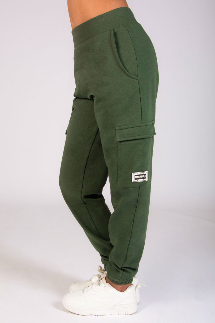 Kids' khaki cargo joggers with four pockets and Pineapple Dance badge logo on the side