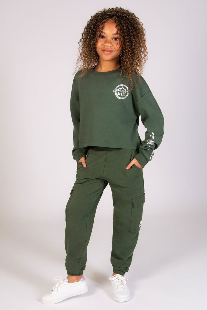 Kids' dark green cargo joggers with pockets