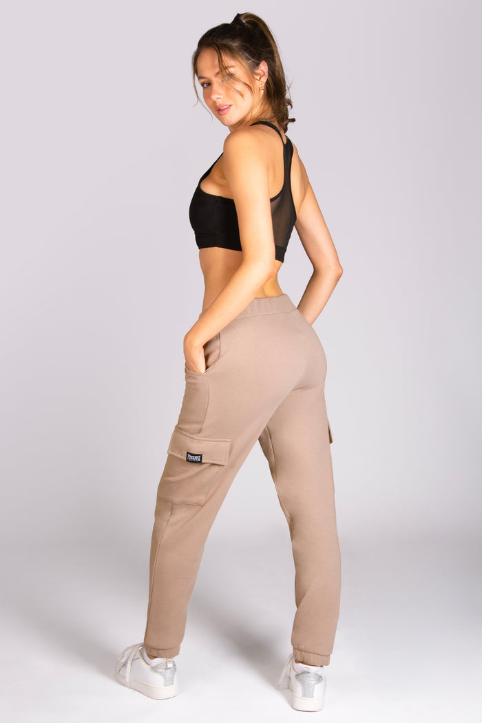 Women's mocha cargo joggers in light brown designed by Debbie Moore.