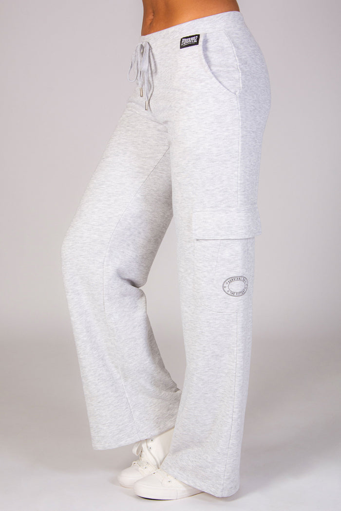 Women's light grey wide leg cargo trousers with 4 pockets and drawcord waistband.