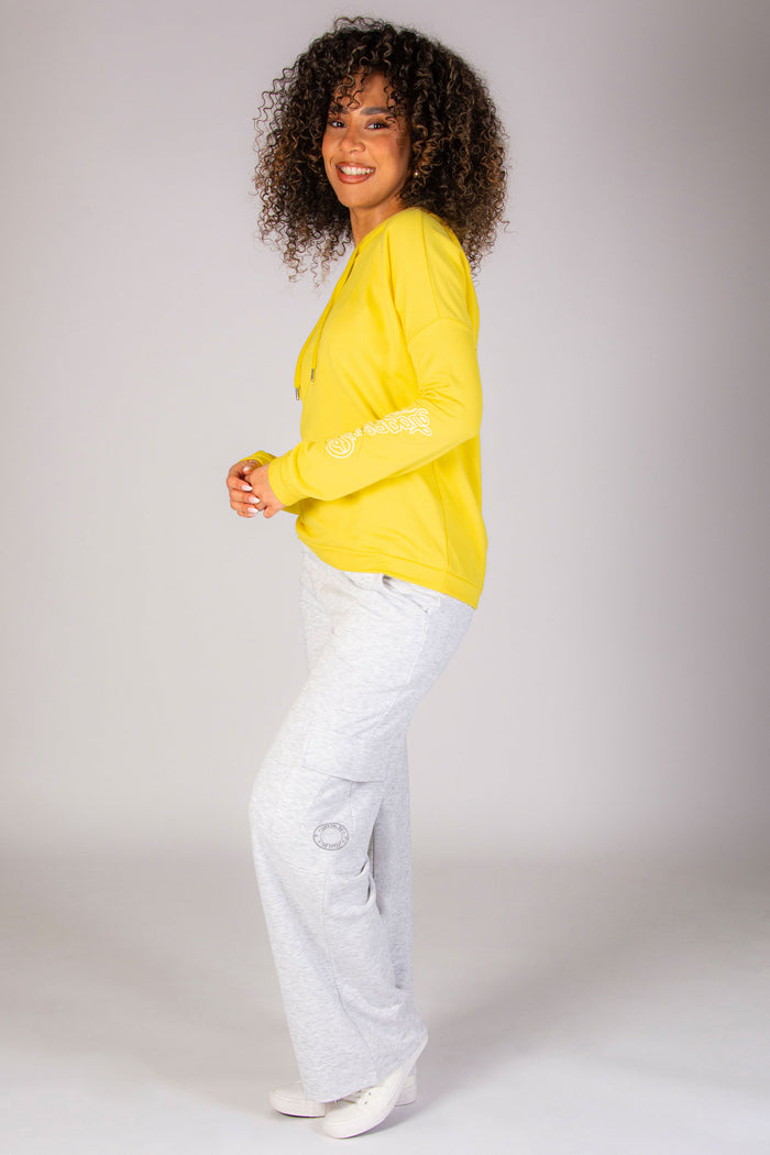 Women's light grey wide leg cargo trousers with 4 pockets and drawcord waistband.