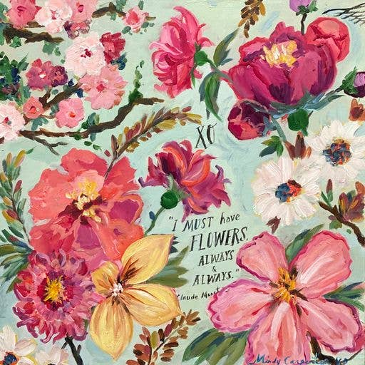 Greeting card with a vibrant floral artwork background and a quote about flowers.