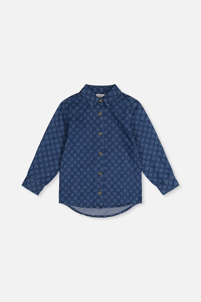 Chambray Shirt Blue Smiley Print-0