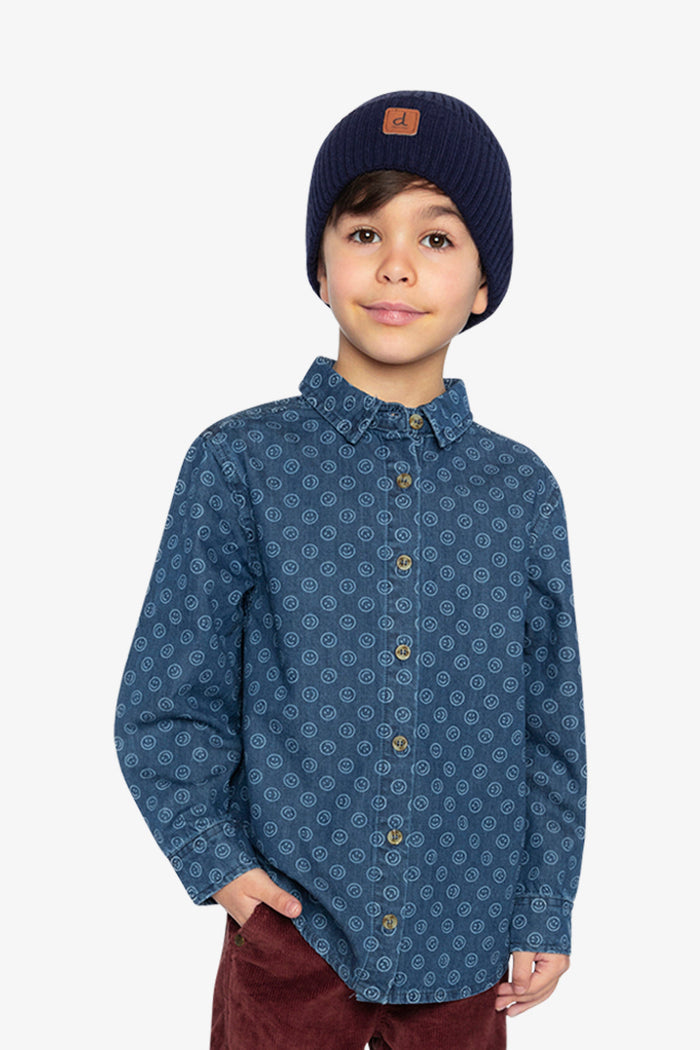 Chambray Shirt Blue Smiley Print-1