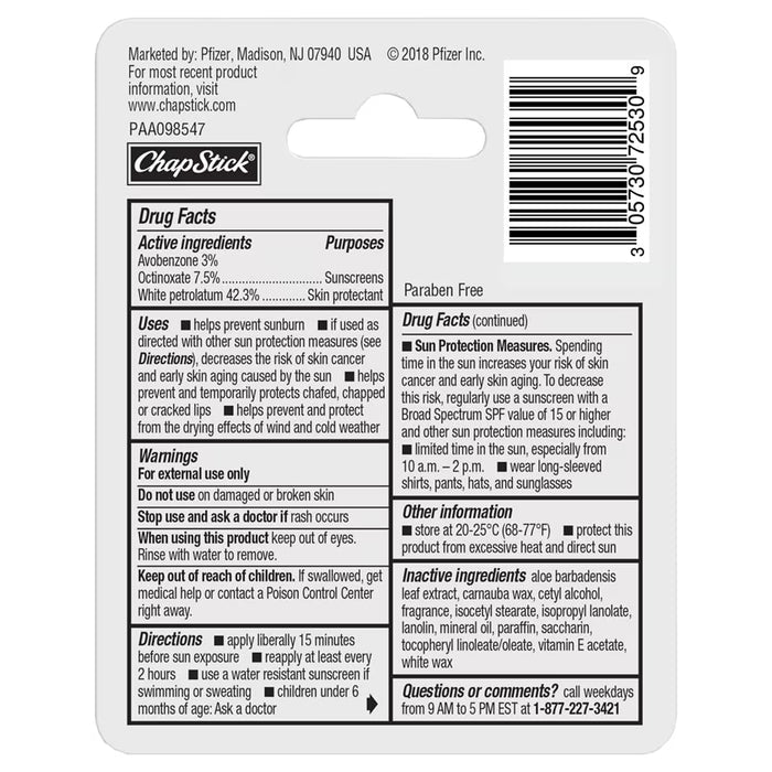 ChapStick Moisturizer Original Lip Balm SPF 15 0.15 oz - 3 Ct - 72 Pack