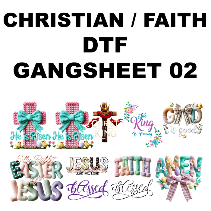 Collection of Christian-themed designs 'Christian / Faith DTF Gangsheet'.