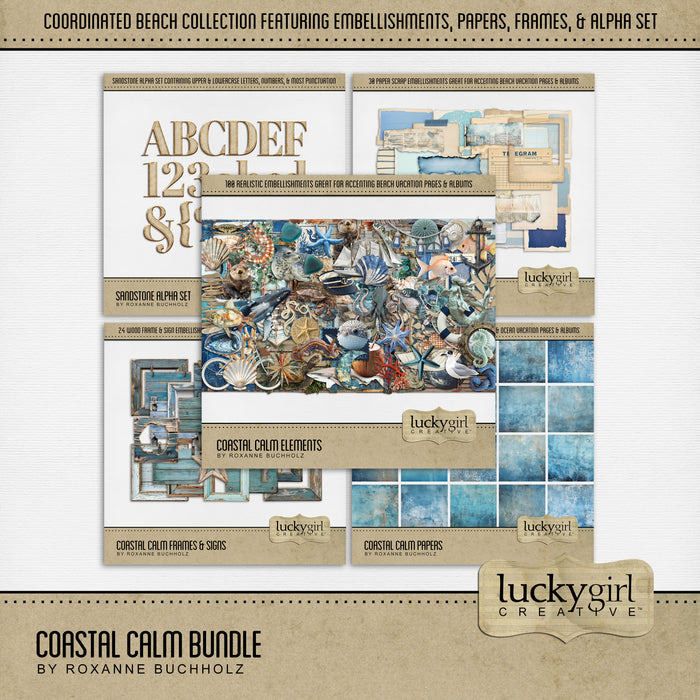 Peaceful and calm, these coastal inspired embellishments, papers, and alpha set by Lucky Girl Creative digital art will add a warm touch to all your digital scrapbooking pages. Perfect for beach vacations, sailing and fishing adventures, trips to the seaside, ocean adventures, and even the aquarium with delightful sea life. Embellishments include seagull, crab, crab trap, puffer fish, fish, otter, sea slug, seahorse, seal, shark, whale, beach chair, lounge chair, beach, ocean, coast, sea, coastal, decor