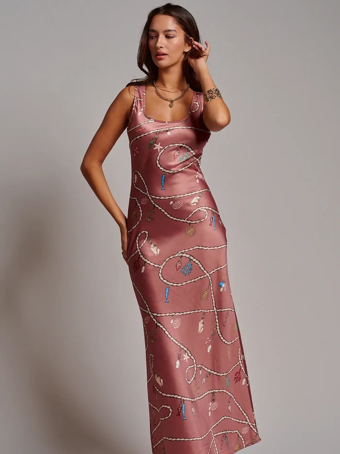 Coastal Rope Print Satin Slip Midi Dress