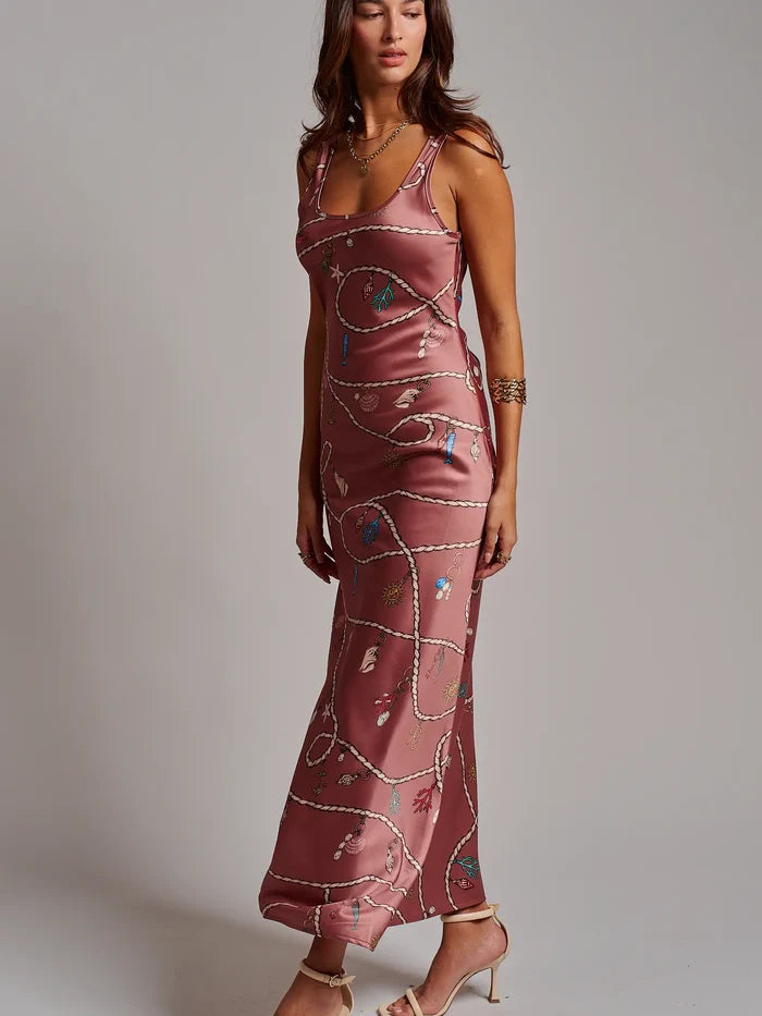 Coastal Rope Print Satin Slip Midi Dress