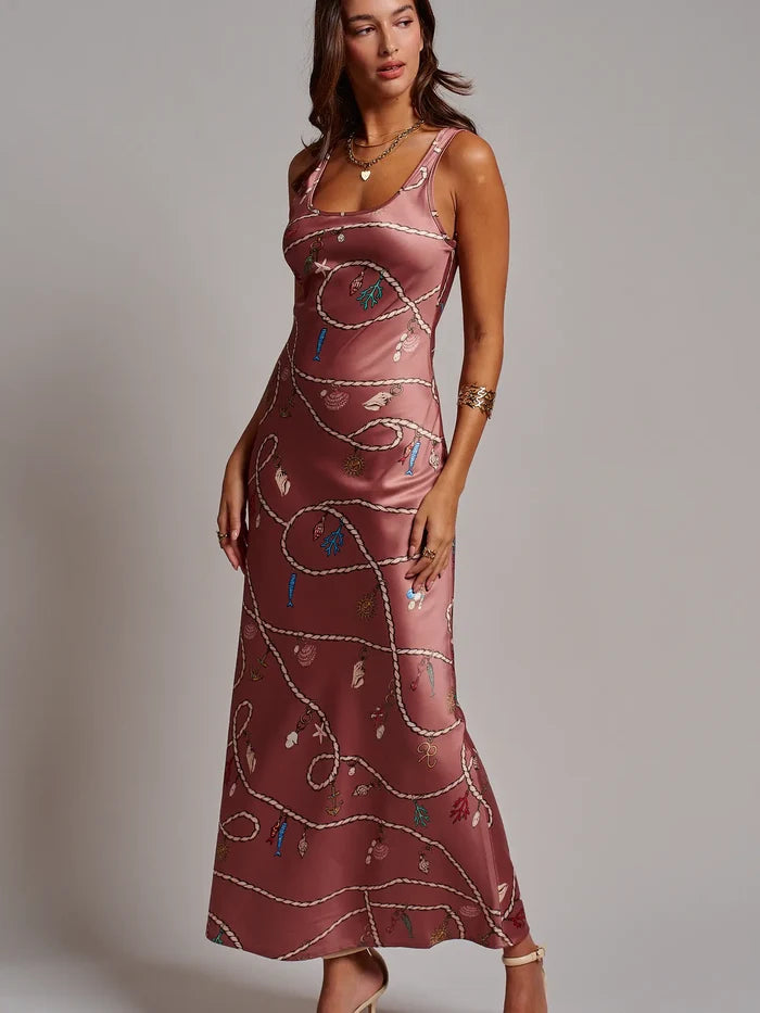 Coastal Rope Print Satin Slip Midi Dress