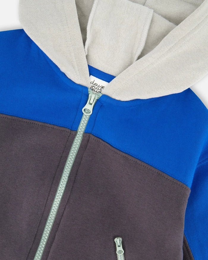 Color Blocked Zip Front Fleece Hoodie Dark Gray | Deux par Deux | Jenni Kidz
