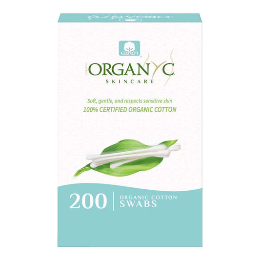 Box of Organyc skincare cotton swabs on a white background. 200 swabs.