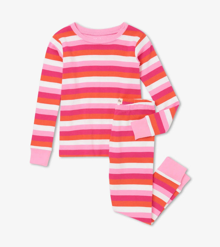 Hatley girls Cotton Candy Stripes organic cotton pajama set in Pink/Multi with matching pants.