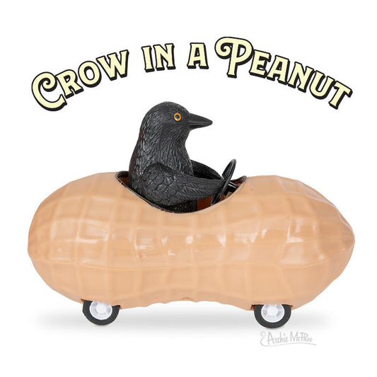 The product named "Crow in a Peanut" features a toy crow riding in a soft vinyl peanut-shaped car complete with wheels.
