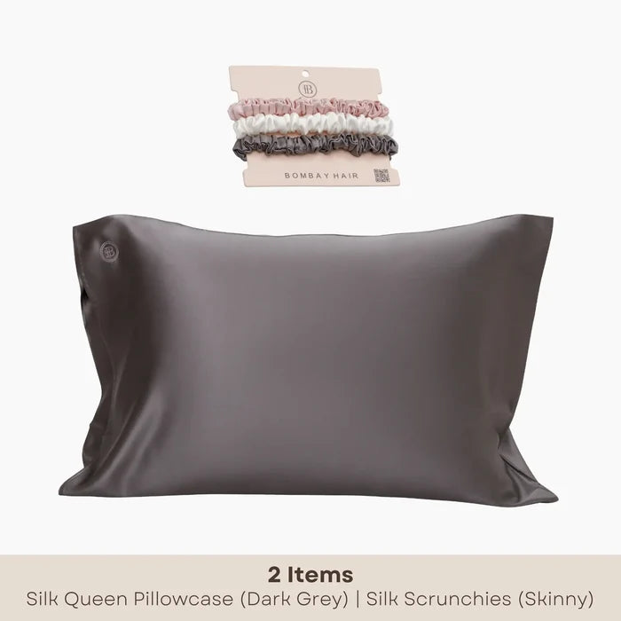 Dark Grey Silk Pillowcase (Queen) + Scrunchies