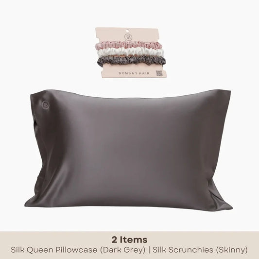 Dark Grey Silk Pillowcase (Queen) + Scrunchies