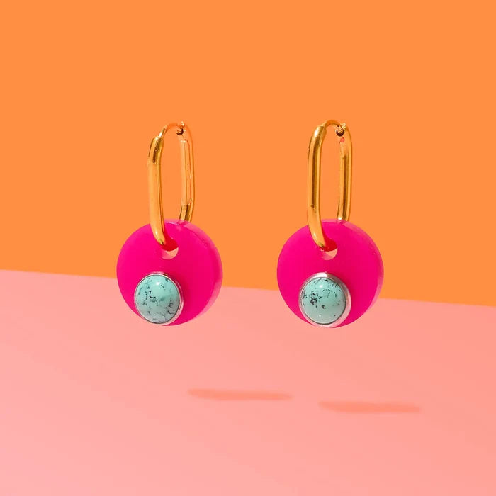 Deco Glam Medallion Oval Hoops- Pink