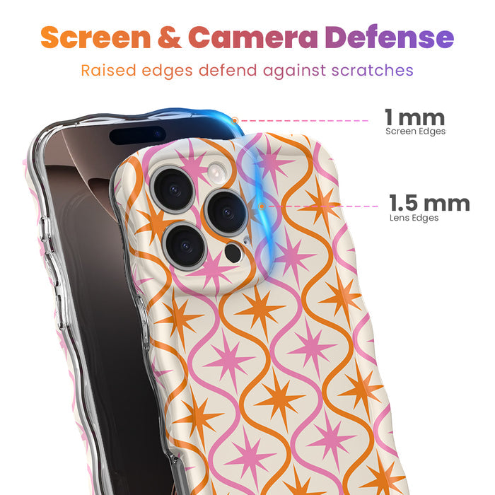 Trendy wavy iPhone case featuring a pink and orange starburst geometric pattern on a cream background with a high-gloss finish.