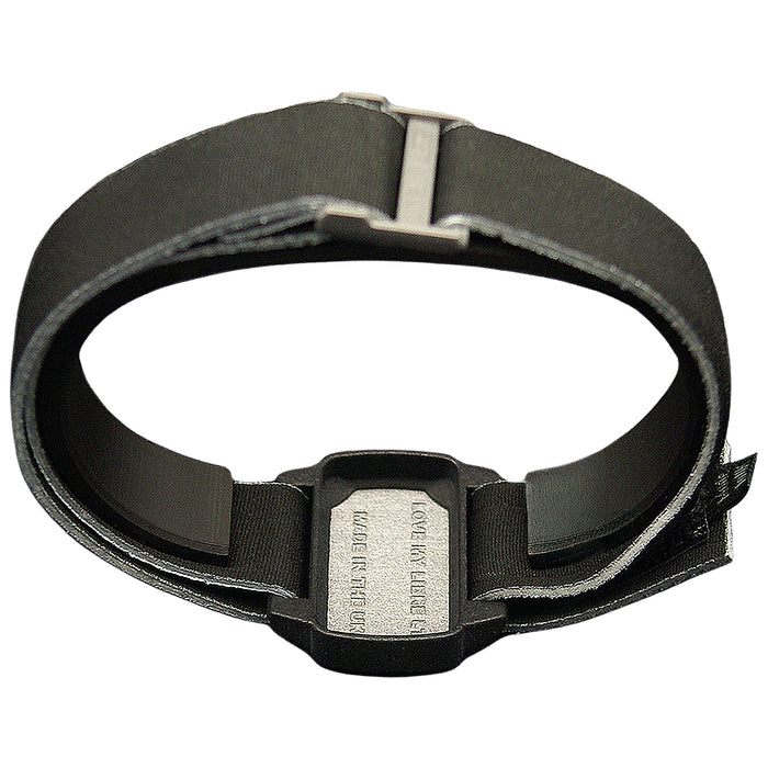Reverse of Dexband CGM armband for Dexcom G6 and ONE+ with pewter cover and water-resistant neoprene strap.