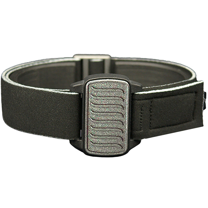 Dexband CGM armband for Dexcom G6 sensors with pewter wave cover and water-resistant neoprene strap, for everyday wear, sport and swimming.