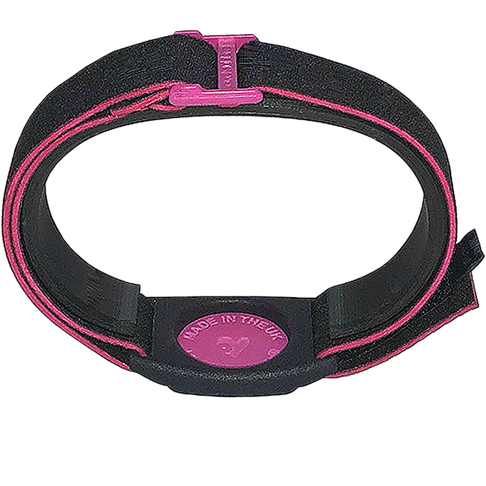 Reverse of Dexband CGM armband with magenta Diabadass cover and neoprene strap, compatible with Dexcom G7 and ONE+ sensors. LML3989, LML3996, LML4009, LML4986.