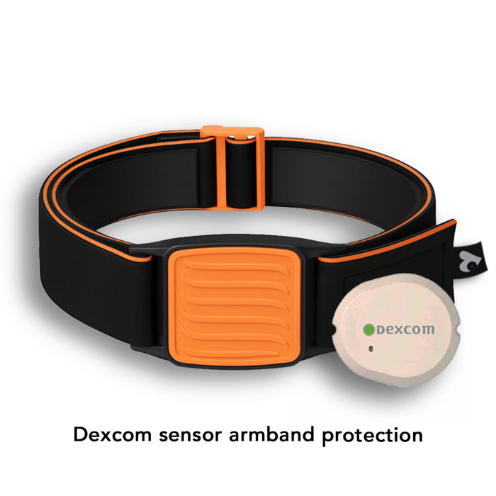 Dexband Armband for Dexcom G7 CGM, black strap with orange wave design cover. Shown with sensor. LML3866, LML3873, LML3880, LML5013.