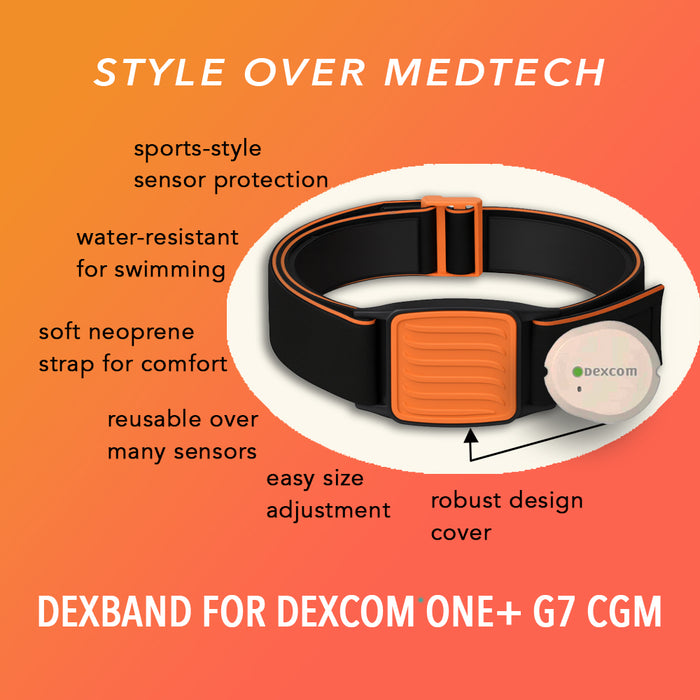Dexband Armband for Dexcom G7, features highlighted. Orange cover with Wave design. LML3866, LML3873, LML3880, LML5013.