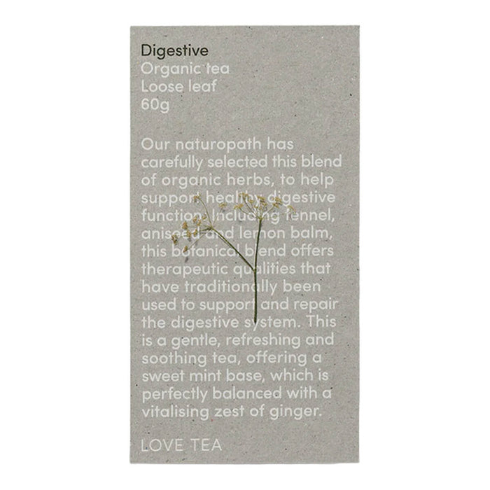 50g box Love Tea Digestive Loose Leaf Tea, herbal blend with fennel, aniseed, and lemon balm.