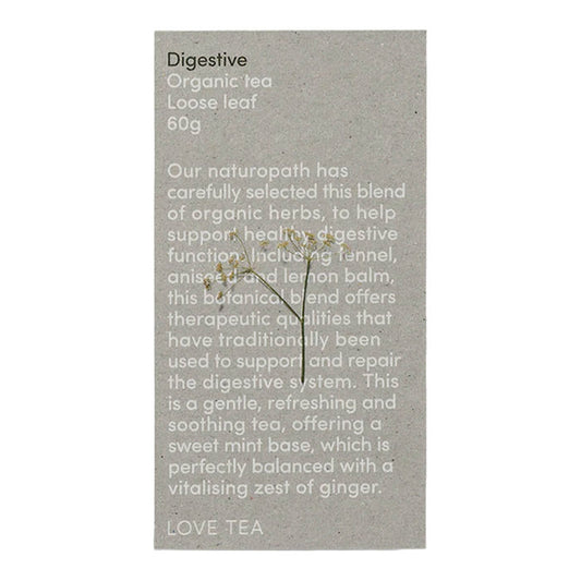 50g box Love Tea Digestive Loose Leaf Tea, herbal blend with fennel, aniseed, and lemon balm.