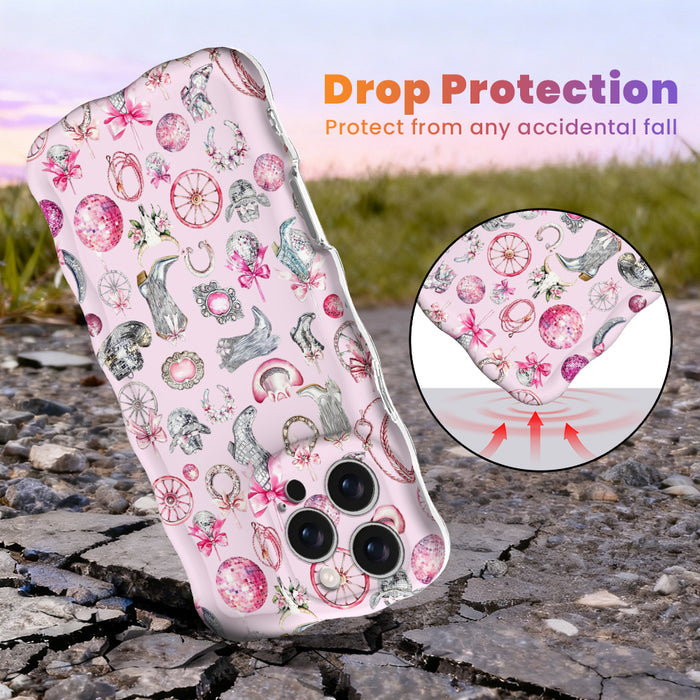 Trendy wavy pink iPhone case featuring an all-over western pattern of disco balls, cowboy boots, bows, and cow skulls with a high-gloss finish.