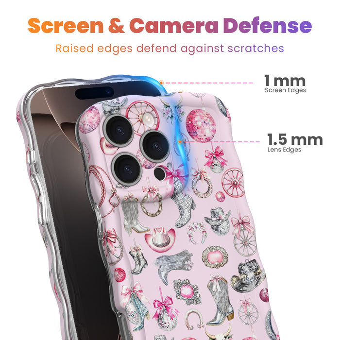 Trendy wavy pink iPhone case featuring an all-over western pattern of disco balls, cowboy boots, bows, and cow skulls with a high-gloss finish.