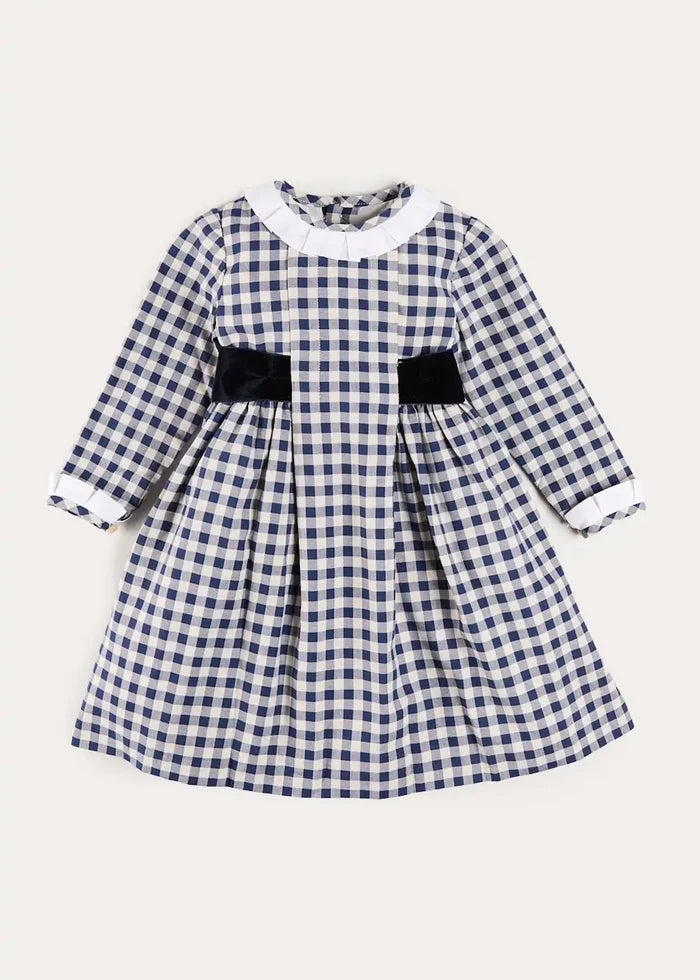 Draycott Check Long Sleeve Velvet Bow Dress in Blue (18mths-10yrs) DRESSES from Pepa London