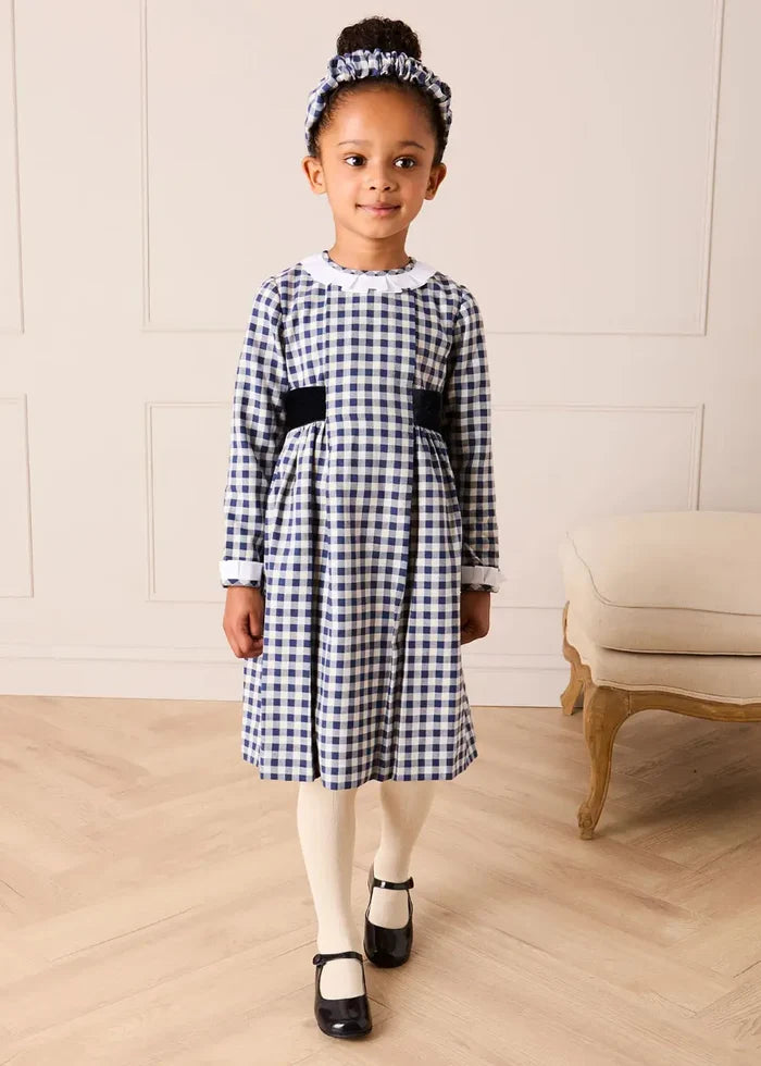 Draycott Check Long Sleeve Velvet Bow Dress in Blue (18mths-10yrs) DRESSES from Pepa London