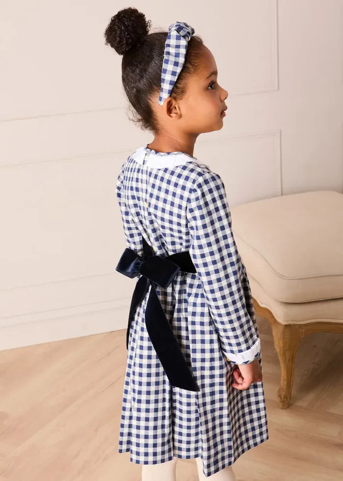 Draycott Check Long Sleeve Velvet Bow Dress in Blue (18mths-10yrs) DRESSES from Pepa London