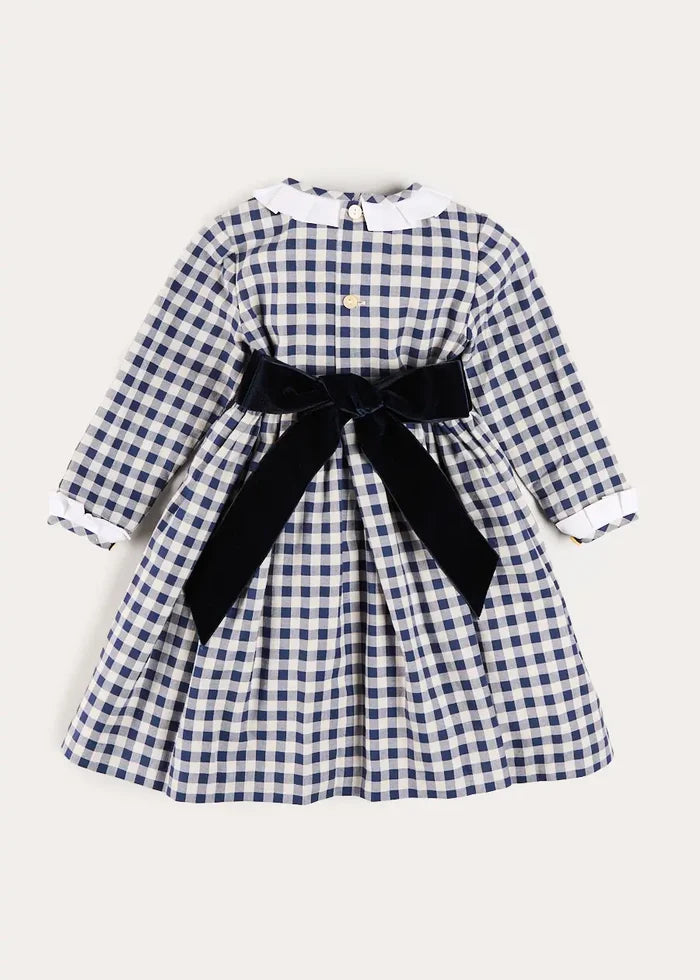 Draycott Check Long Sleeve Velvet Bow Dress in Blue (18mths-10yrs) DRESSES from Pepa London