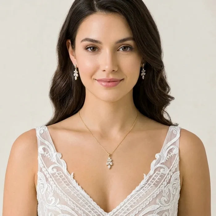 Elegant CZ Bridal Backdrop Necklace and Earrings Set | Silver, Gold & Rose Gold
