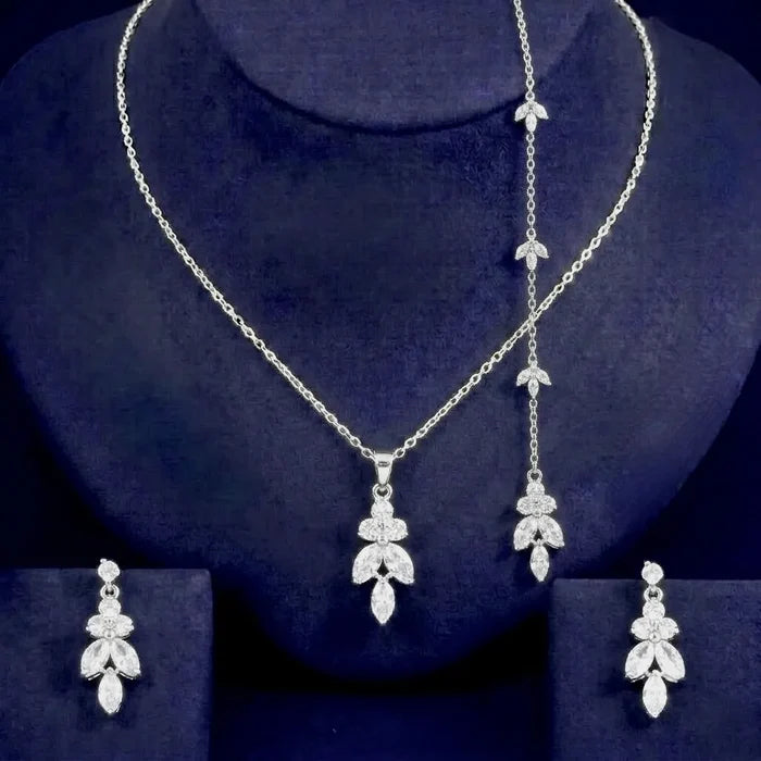 Elegant CZ Bridal Backdrop Necklace and Earrings Set | Silver, Gold & Rose Gold