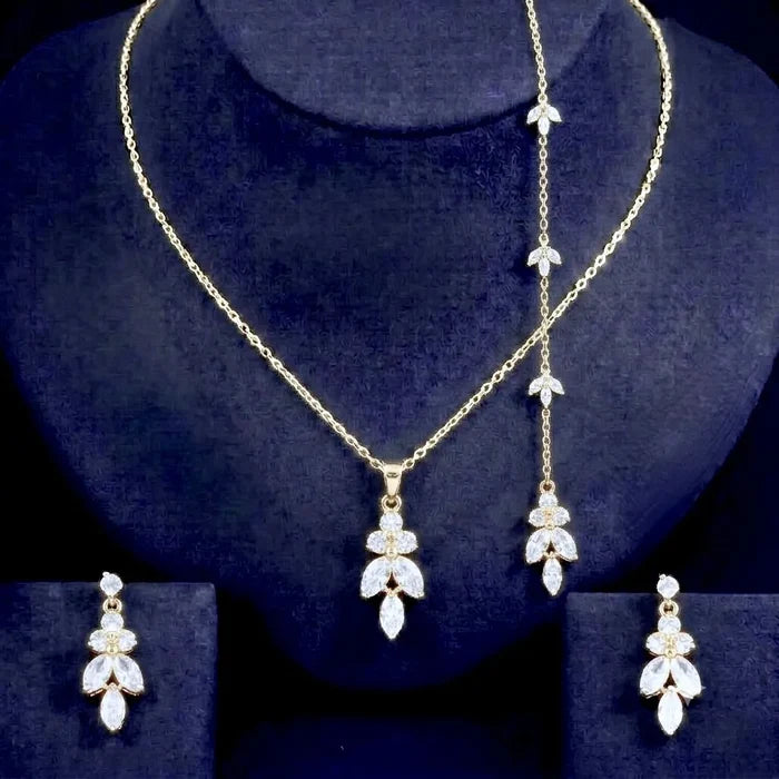 Elegant CZ Bridal Backdrop Necklace and Earrings Set | Silver, Gold & Rose Gold