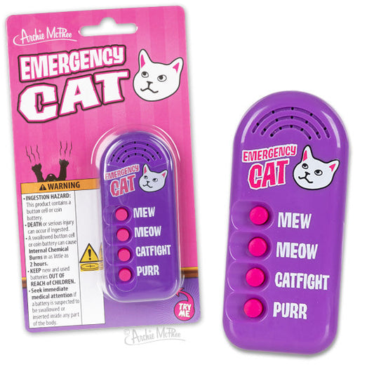 The Emergency Cat is a sound toy featuring buttons labeled MEW, MEOW, CATFIGHT, and PURR. It comes in packaging adorned with a white cat face. This noisemaker is ideal for generating a variety of cat sounds at the touch of a button.