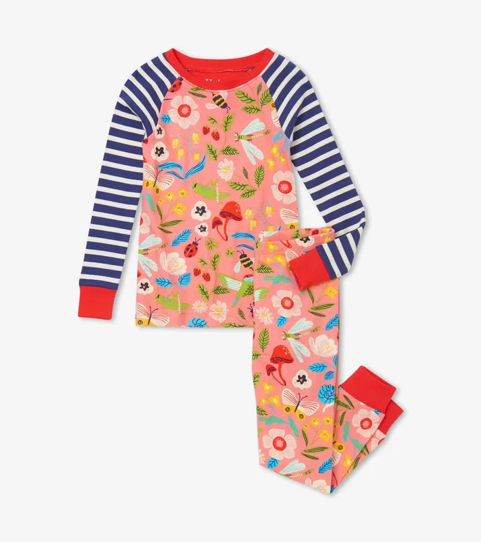 Hatley girls Enchanted Garden organic cotton raglan pajama set in Coral/Navy with matching pants.